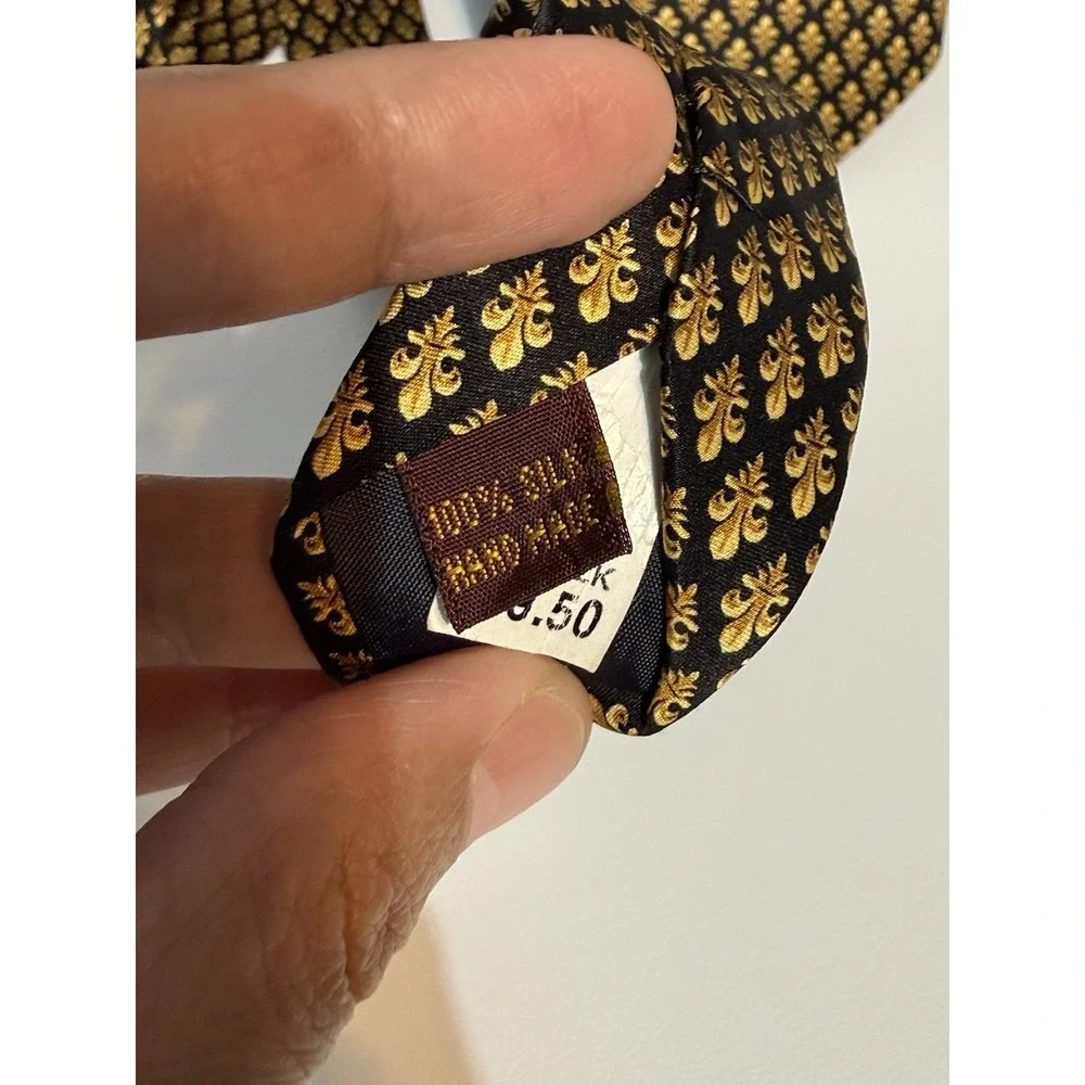 Enzo Felini All Silk Necktie Black Gold Fleur-de-Lis Made in France Vintage